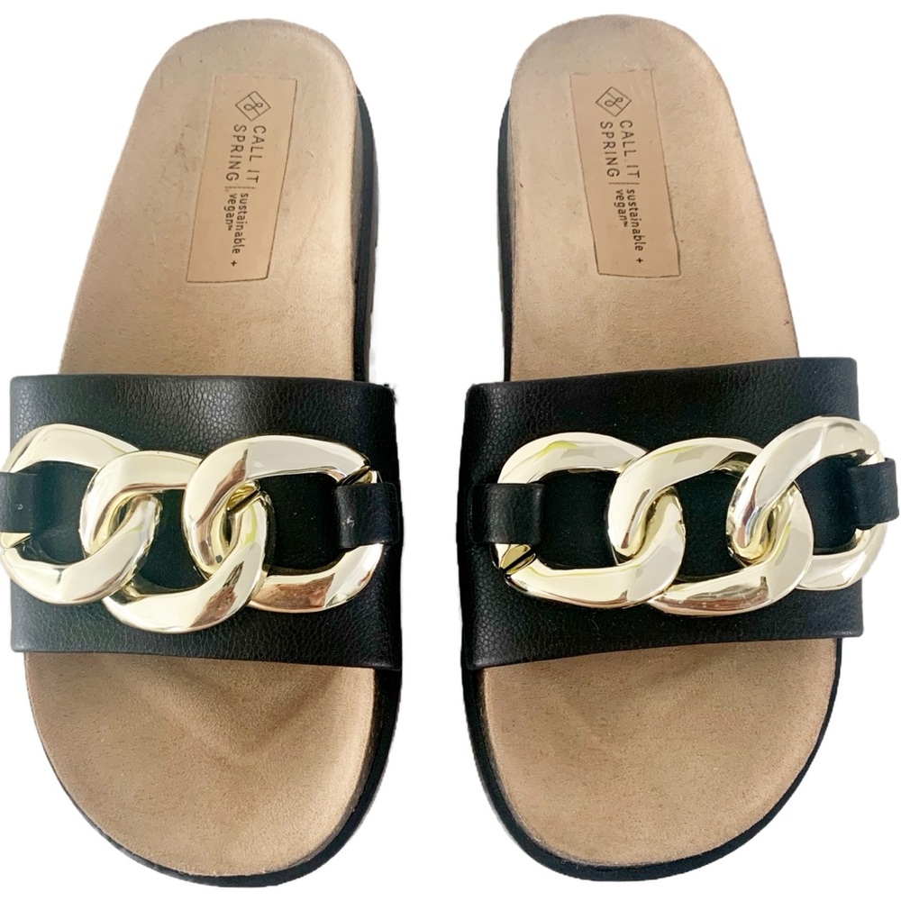 NEW Call It Spring Black Sandals with Gold  Chain Embellishment Size 7